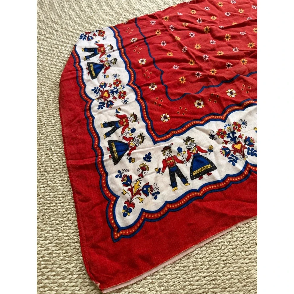 Vintage Scandinavian Folk Art Red Tablecloth Scarf Floral Figures 50x57